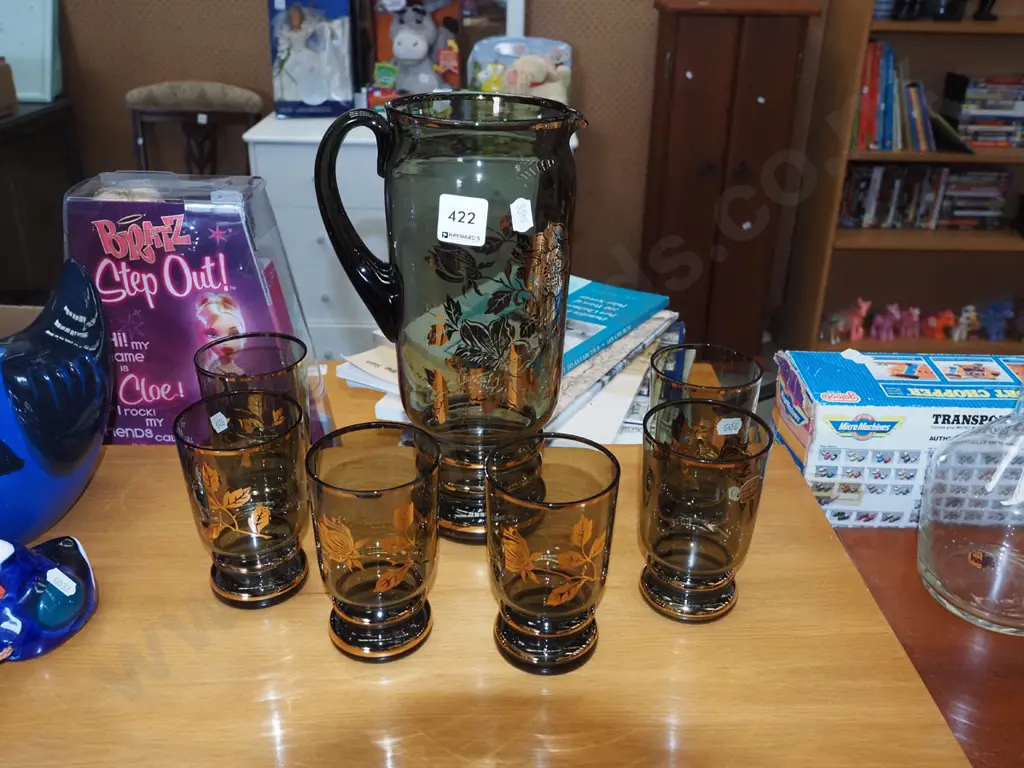 retro smoked glass and gold floral 7 piece water set Image 1++