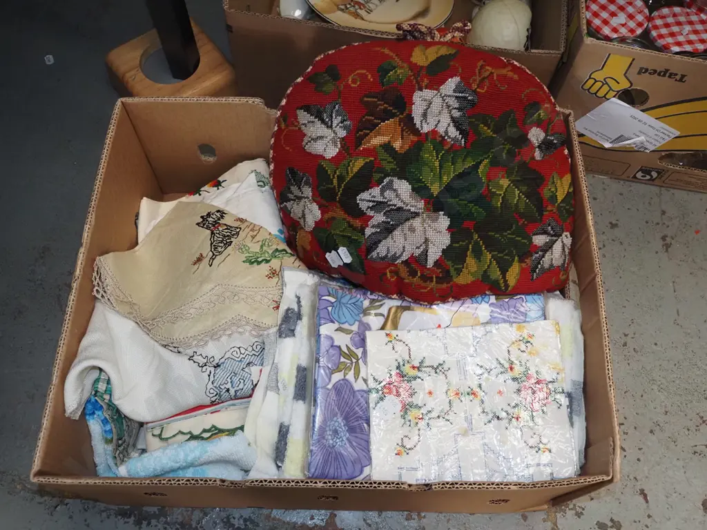 box; tea towels, tea cosy, hand worked linen etc Image 1++