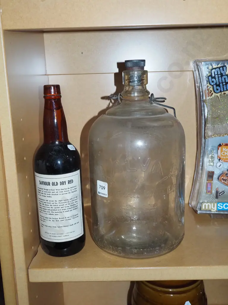 bottle of red wine, vintage Alva mineral water flagon Image 1++