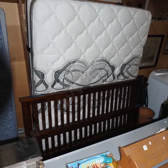 Sleepyhead Pantheon king slat bed base, mattress and dark stained ends