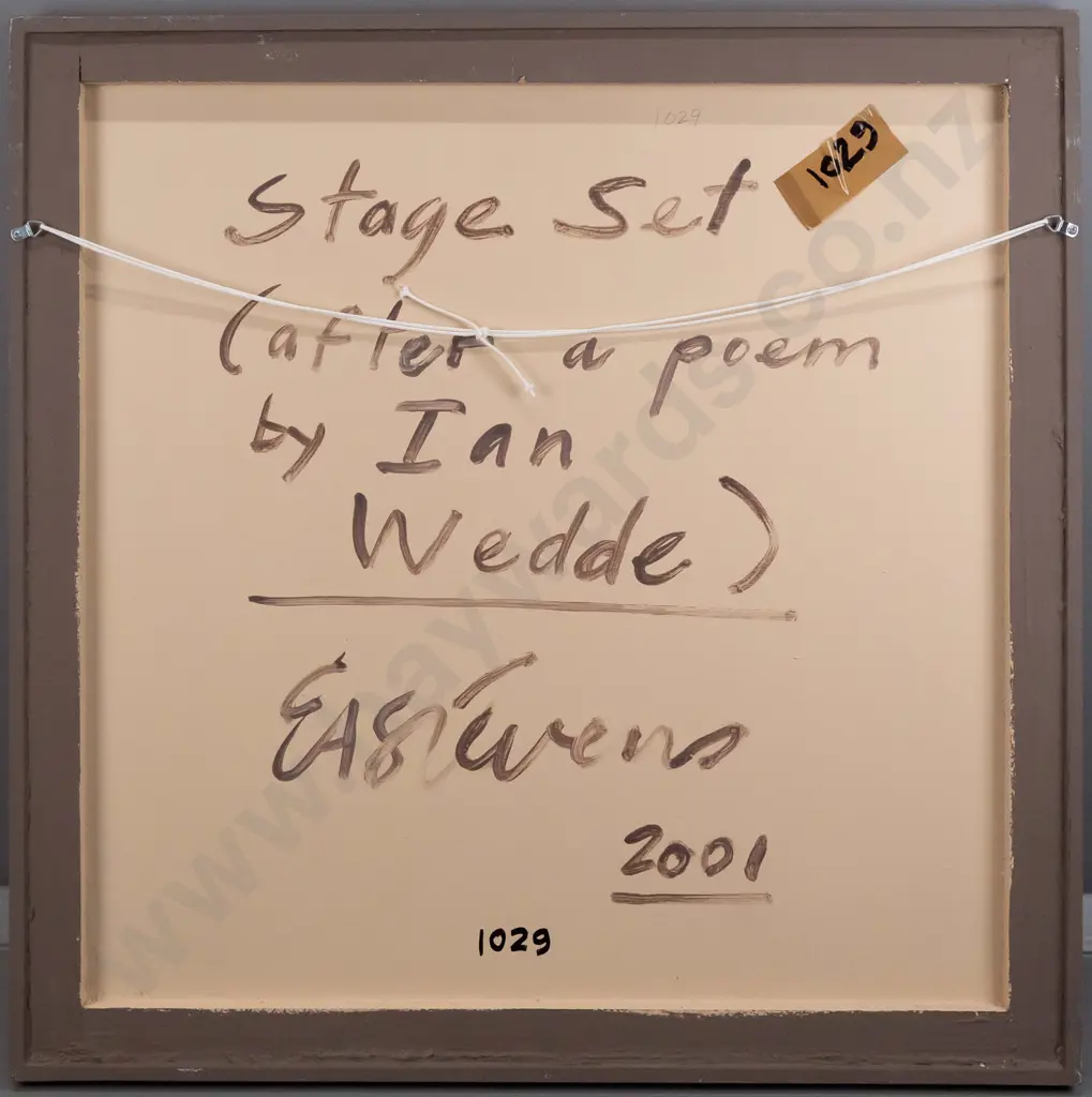 Eion Stevens 2001 - framed oil on fabric on board "stage set (after a poem by Ian Wedde" H830 W830 Image 1++