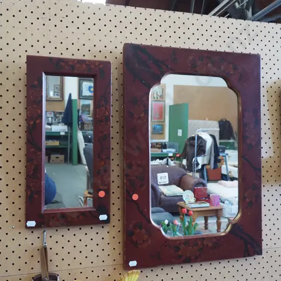 2x vintage Japanese red lacquer wall mirrors - red dots H515 - slight wear to frames