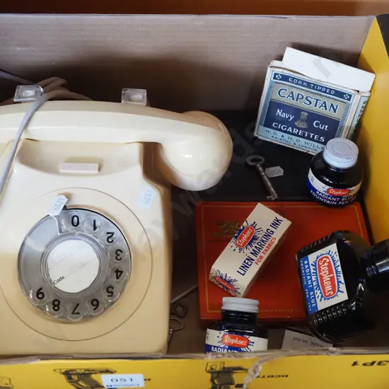 box; dial phone, inks, cigarette tins etc