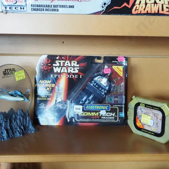 shelf; Star Wars body wash, content reader etc