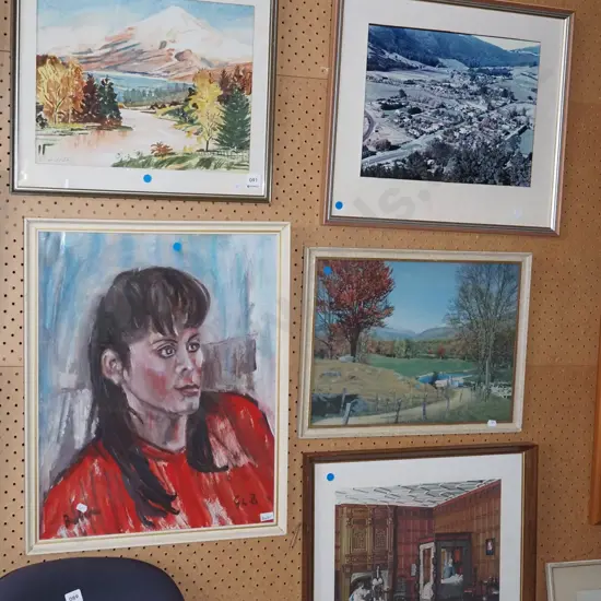 5x framed watercolours, acrylics, prints - blue dots - some foxing