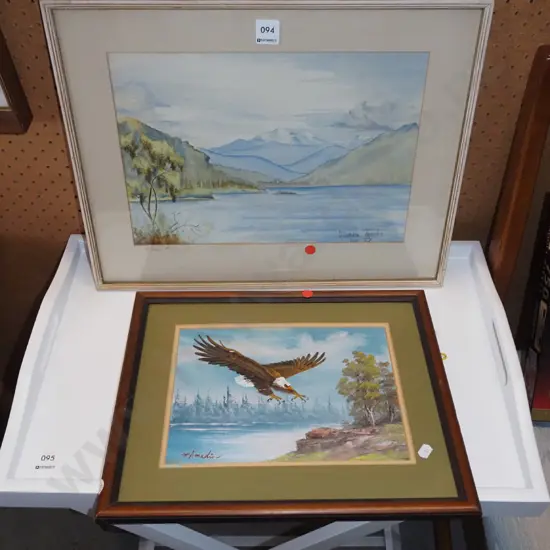 framed watercolour, framed oil - lake and mountain scene, eagle- blue dots