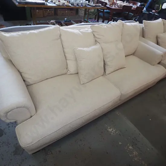 cream linen rolled arm 3 seater settee with matching cushions H810 W2300 D1000