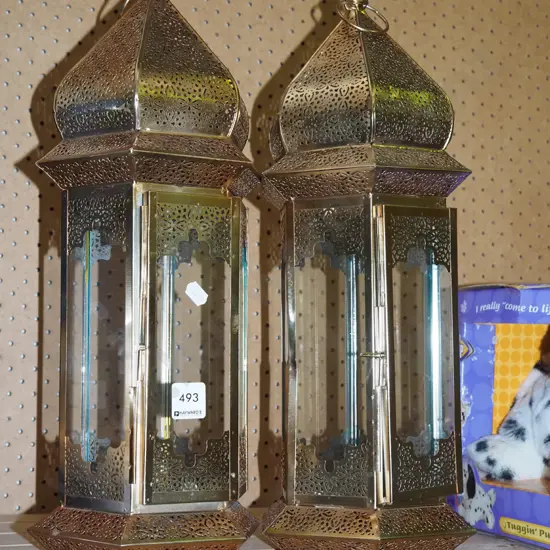 2x metal and glass candle lanterns H440