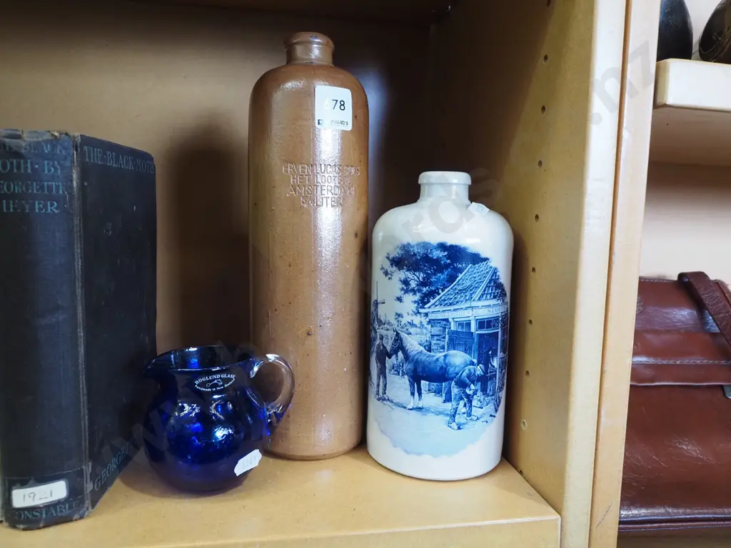2x stone ware gin bottles, blue glass jug Image 1++