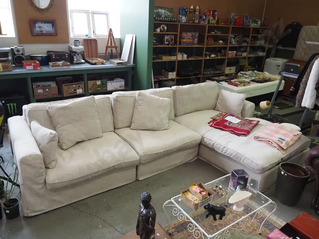 cream linen L shaped couch with matching cushions L3350 W1870 Image 1++