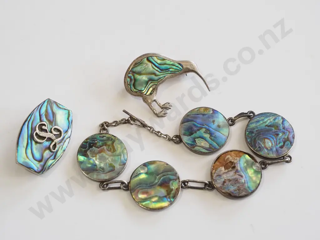 paua shell and sterling silver bracelet, brooches  Image 1++