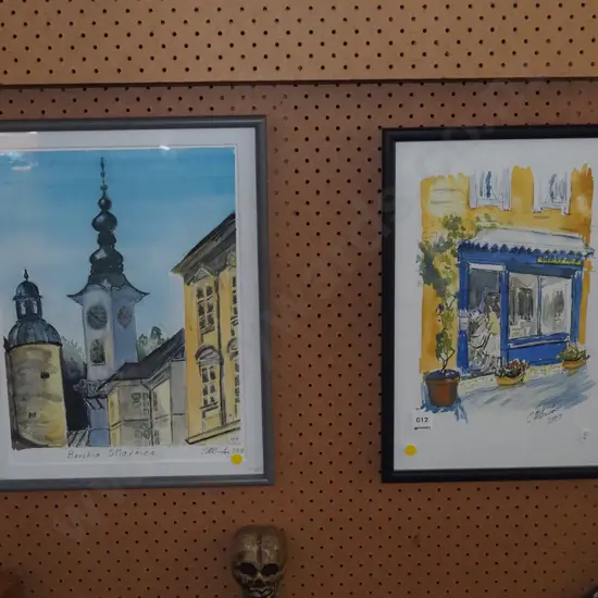 2x watercolours - city scenes - yellow dots