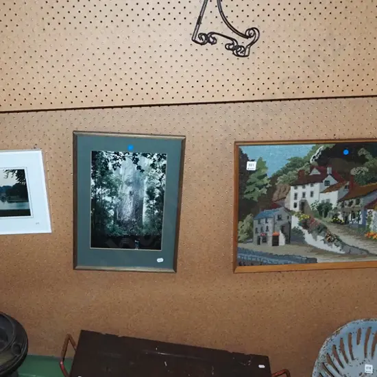 various framed photos and needleworks - blue dots