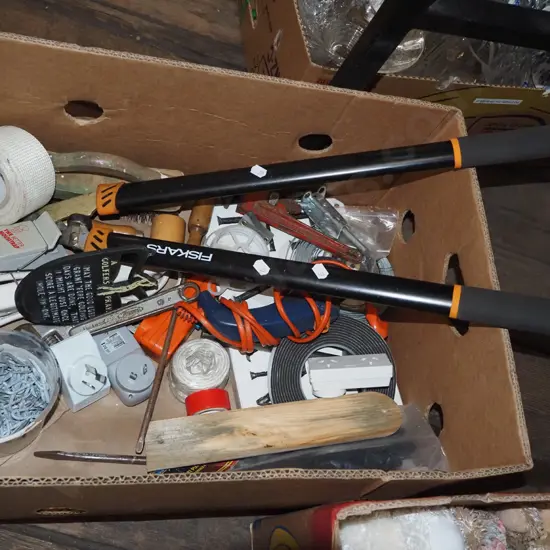 box; loppers, glue gun, wire etc