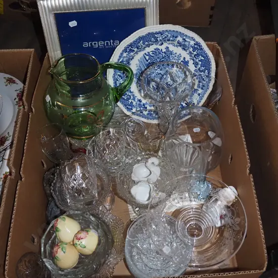 box; crystal glass ware, water jug, photo frame etc