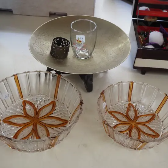 glass bowls, brass bowl on stand etc