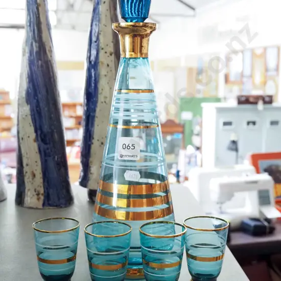 retro blue and gold glass decanter , 4x small glasses
