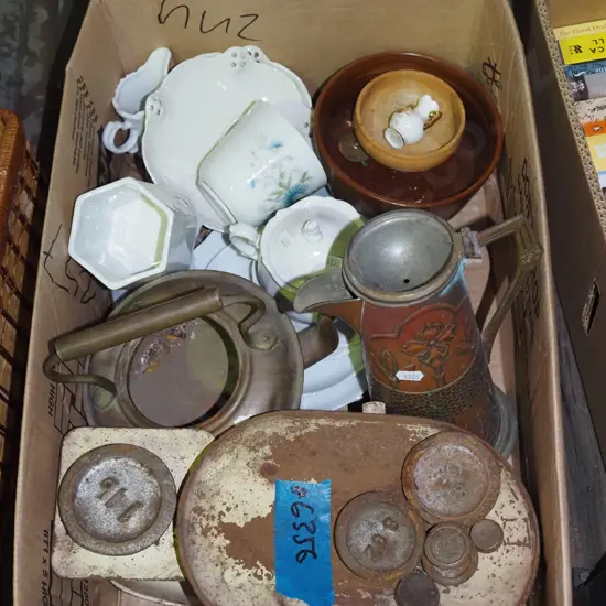 box; vintage scales, copper teapot etc