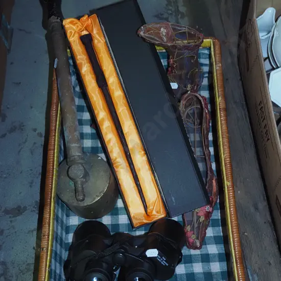 box; binoculars, garden sprayer, Harry Potter wand etc