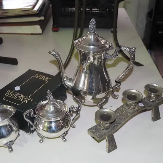 candelabra, painted coffee pot etc