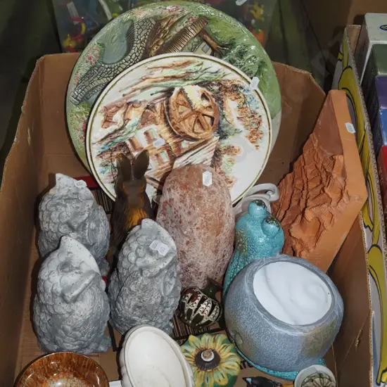 box; owl figurine, Bossons chargers, jardinieres etc