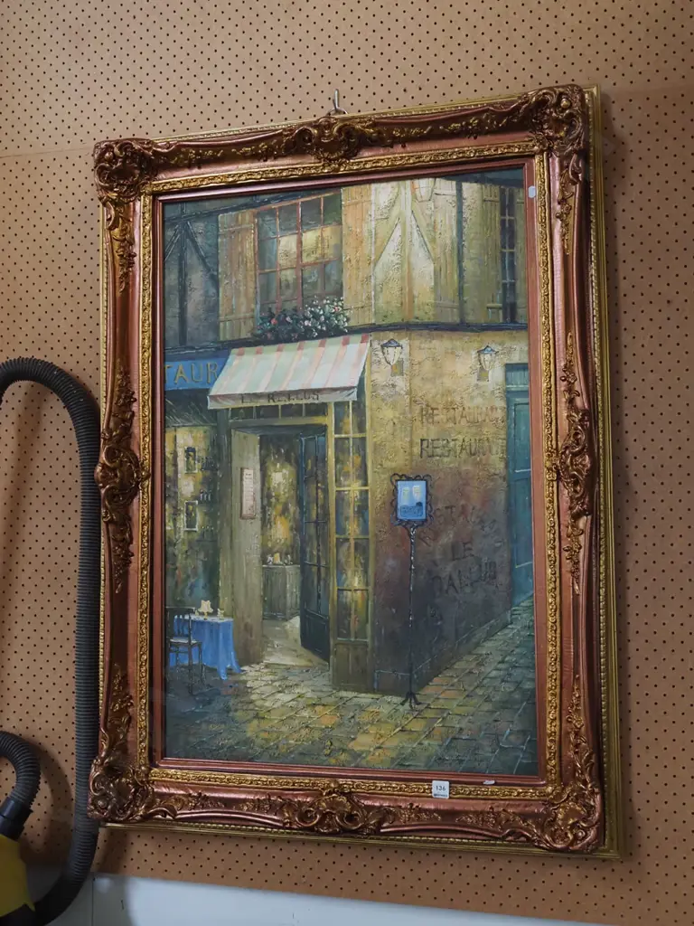 gilt framed oil on canvas - French café scene Overall H1090 W520 Image 1++