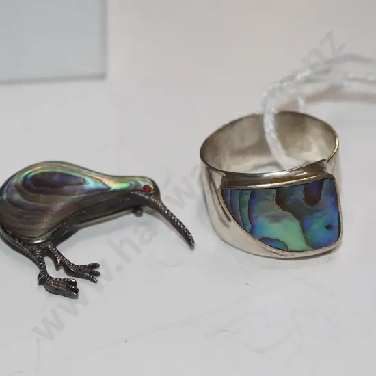 paua kiwi brooch and ring - sterling silver