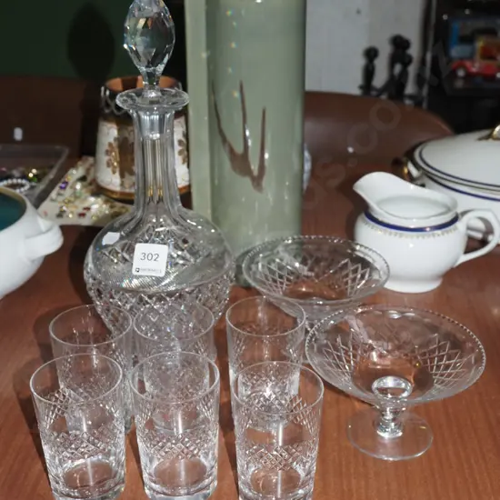cut crystal decanter, tumblers, 2x comports