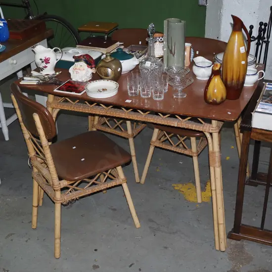 retro bamboo and cane formica topped dining table with 3 matching chairs H770 W1200 D750