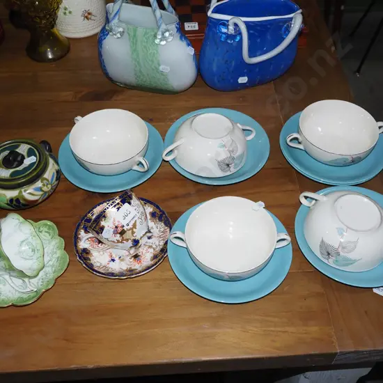Meakin retro soup bowls, plates, cups, saucers, small lidded canister