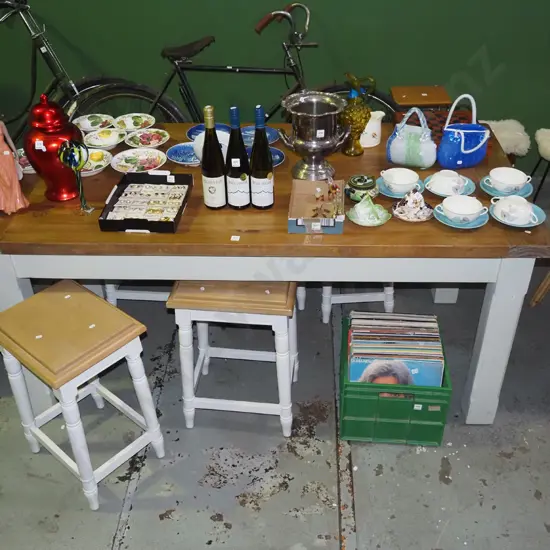 heavy solid pine kitchen table with painted legs and with cutlery drawers at each end, 5 matching stools
