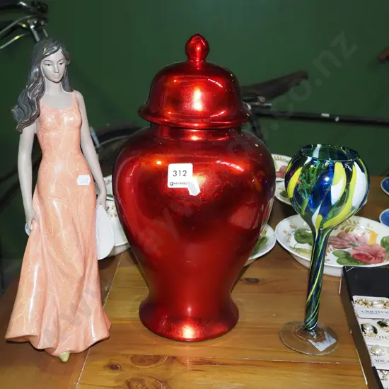 red glazed temple pot, Lladro style figurine H350, glass goblet