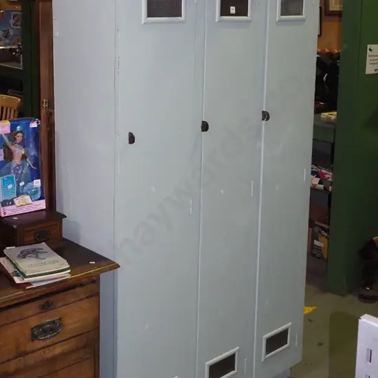bank of 3 vintage wooden lockers with interior hooks and shelves - excellent condition