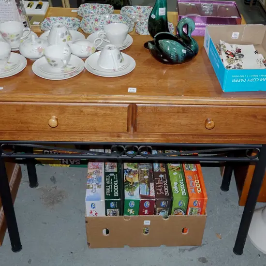 metal based 2 drawer rubberwood top hall table H790 W1020 D450