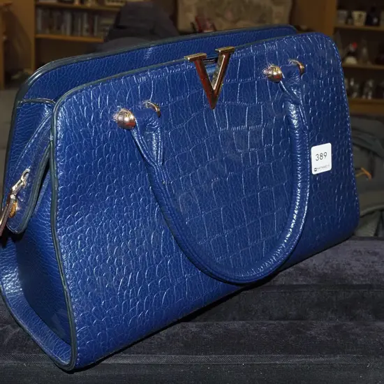 blue leather hand bag