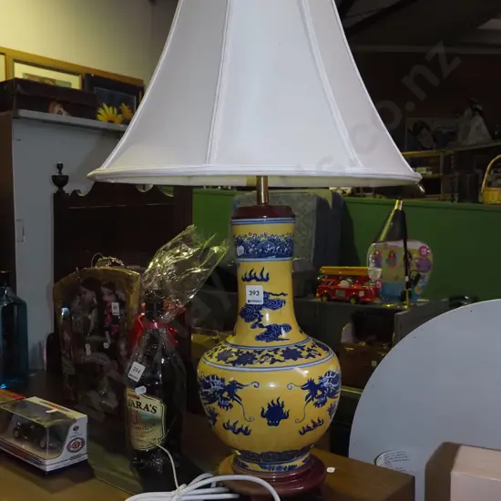 blue and yellow ceramic based dragon themed table lamp - needs rewiring Total H700