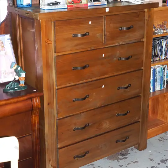 modern solid pine 6 drawer tall boy with curved metal handles - excellent condition H1280 W1050 D450