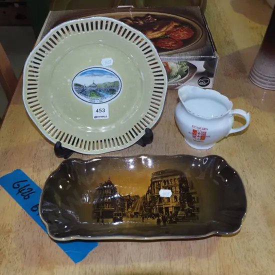 Ridgways Dunedin High St dish, Dunedin Centenary creamer, Dunedin Exhibition plate