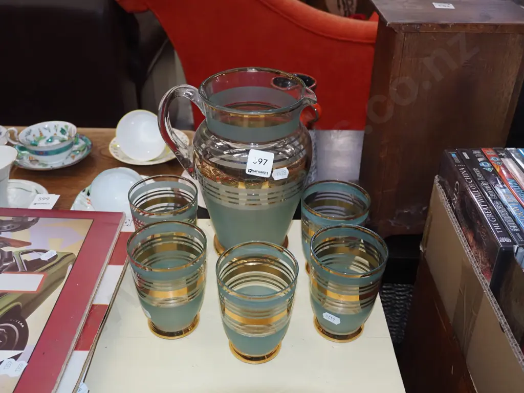 teal glass and gold band water jug, 5 tumblers Image 1++