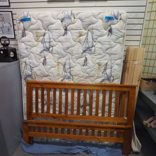 queen slat bed base, mattress and headboard