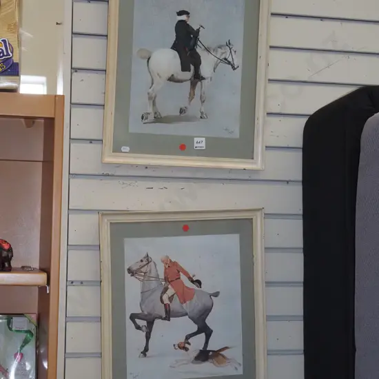 2x framed prints - riders on horse- foxing - red dots