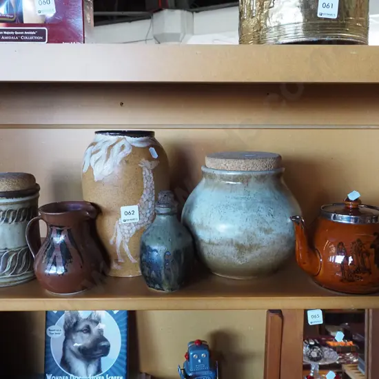 shelf; Arthur Ware teapot, vase, lidded canister etc