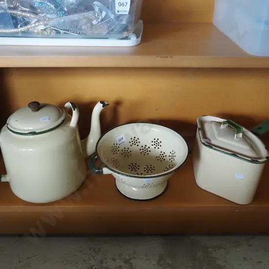enamel teapot, colander, lidded third pot