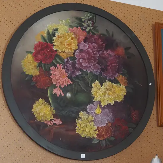 Margaret Pollock 1917 - framed circular oil on board - still life flowers - some age marking Diam1030