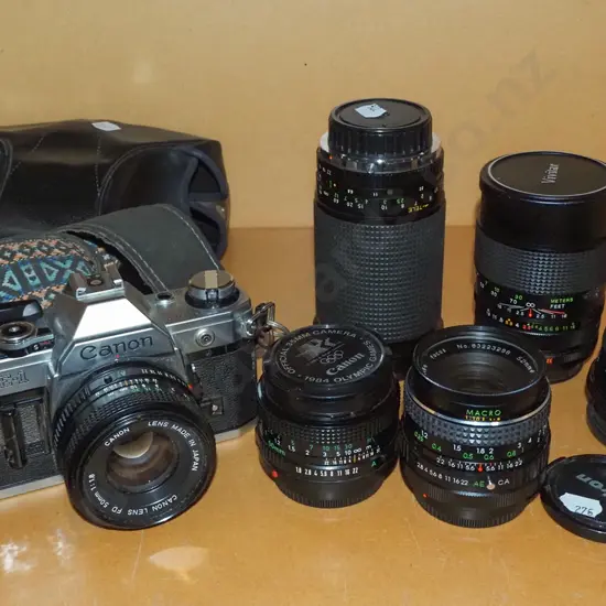 Canon AE/1 35mm camera with 5 additional lenses