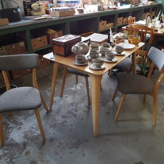 oak veneer dining table with 4 grey upholstered chairs H750 W1200 D750