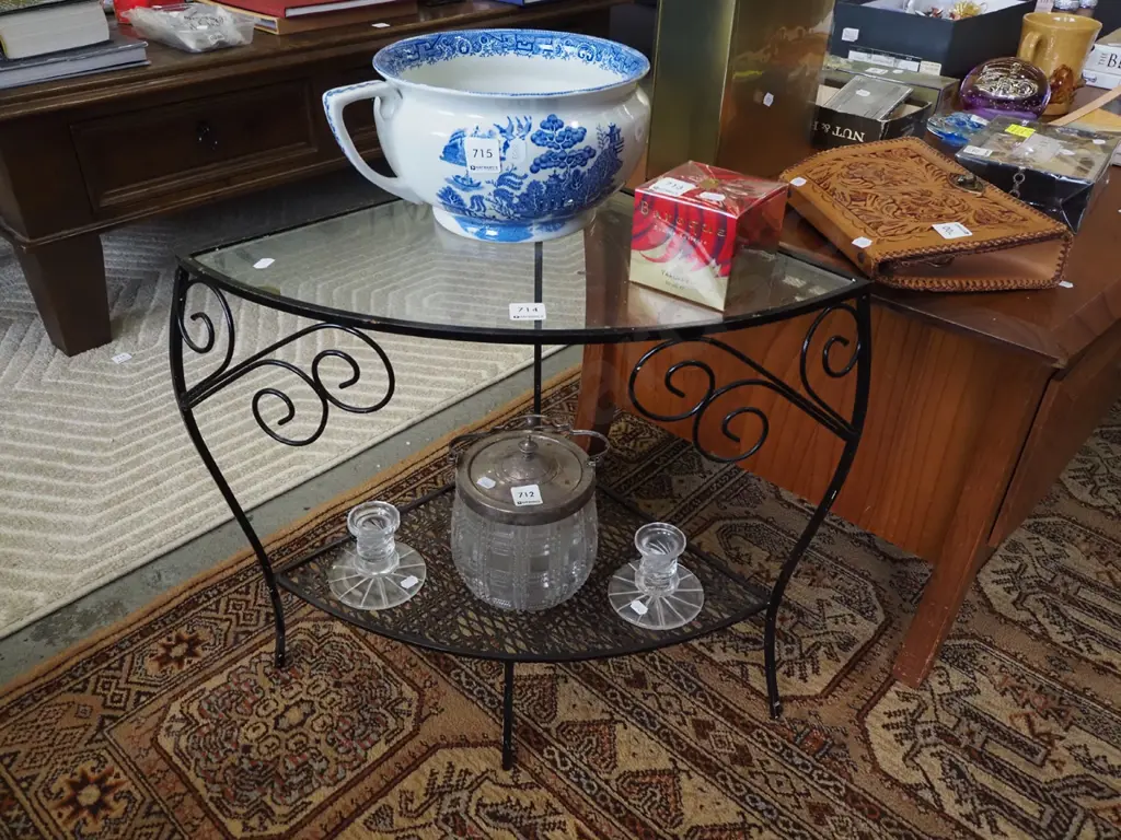 mid century wrought metal and glass patio table Image 1++