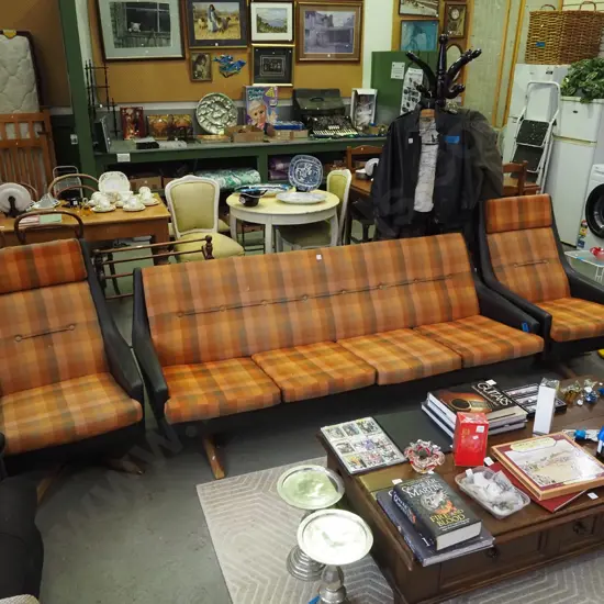 mid century 3 piece lounge suite with 2 swivel singles - black vinyl in good condition