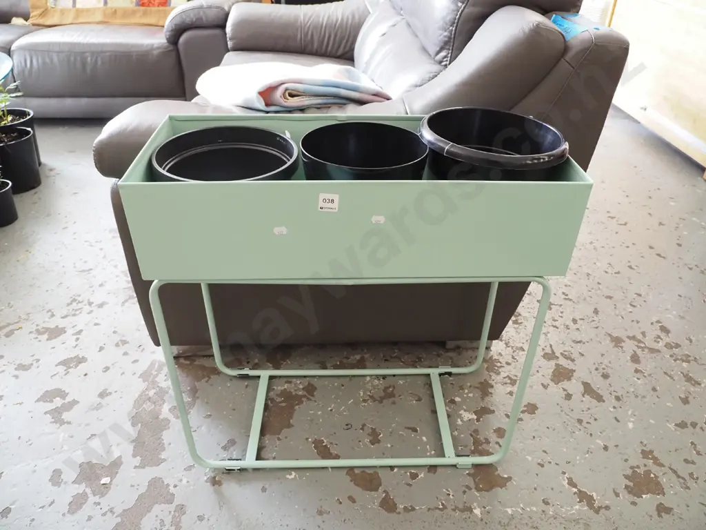 teal metal jardiniere stand with 3 plastic pots H600 W600 D250 Image 1++