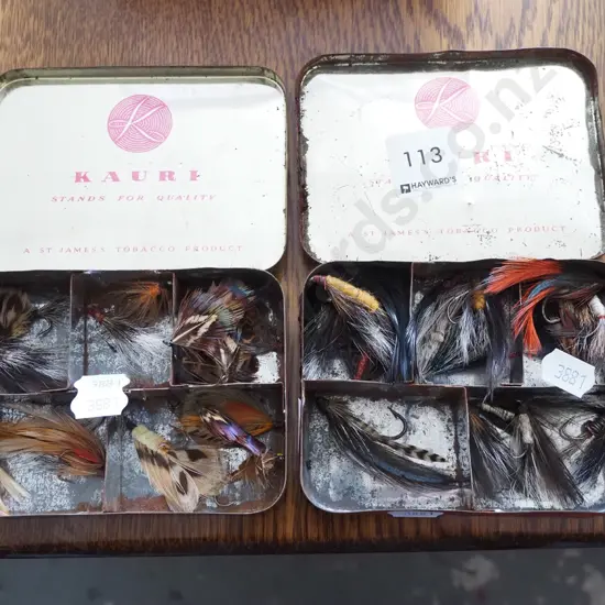 2x tobacco tins of fly fishing flies